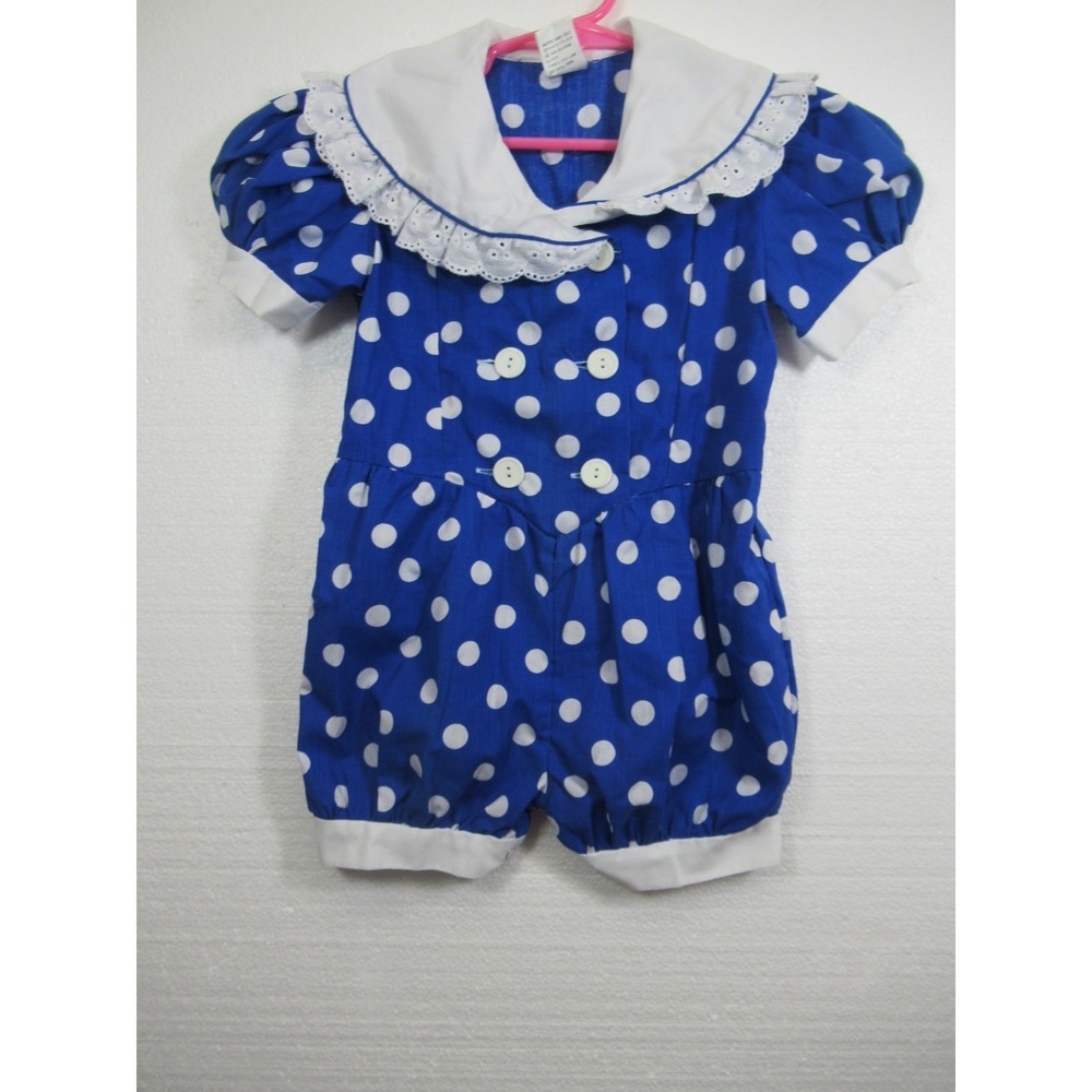 Vintage 90s Broadway Kids Polka Dot Bubble Romper Girl 3T Blue Short Sleeve